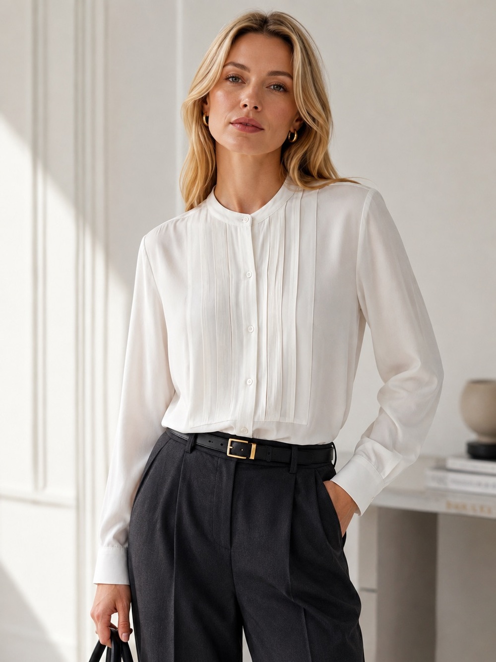R Label The Reset 100% Silk White Pintuck Tuxedo Blouse Button Down Shirt Sz S